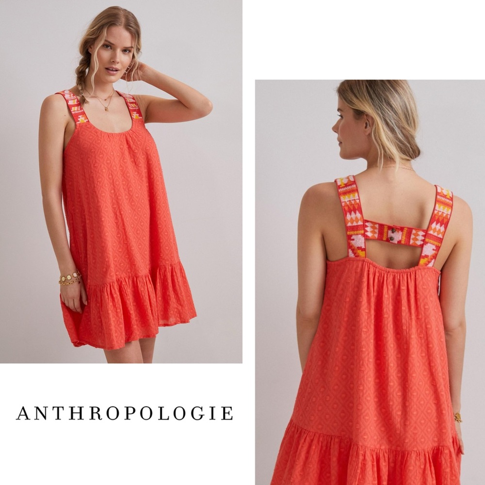 Anthropologie Coral Embroidered Tunic Mini Dress, Medium, New with Tags, Summer